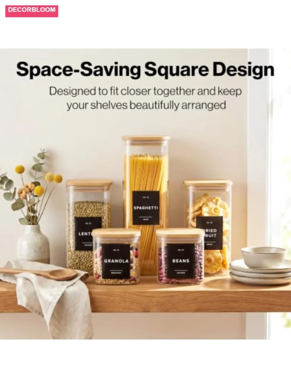 Set of 5 Glass Food Storage Containers with Bamboo Lids & Black Labels